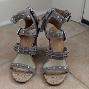Suede Taupe Block Heels with metal accents